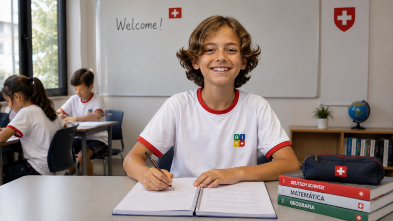 Menino sorridente sentado em uma sala de aula, usando uniforme da GIS São Paulo. Ele escreve em um caderno aberto sobre a carteira, enquanto outros alunos estudam ao fundo. Na sala há uma lousa com a palavra “Welcome!”, uma estante com livros, um globo terrestre, uma planta e uma bandeira da Suíça.